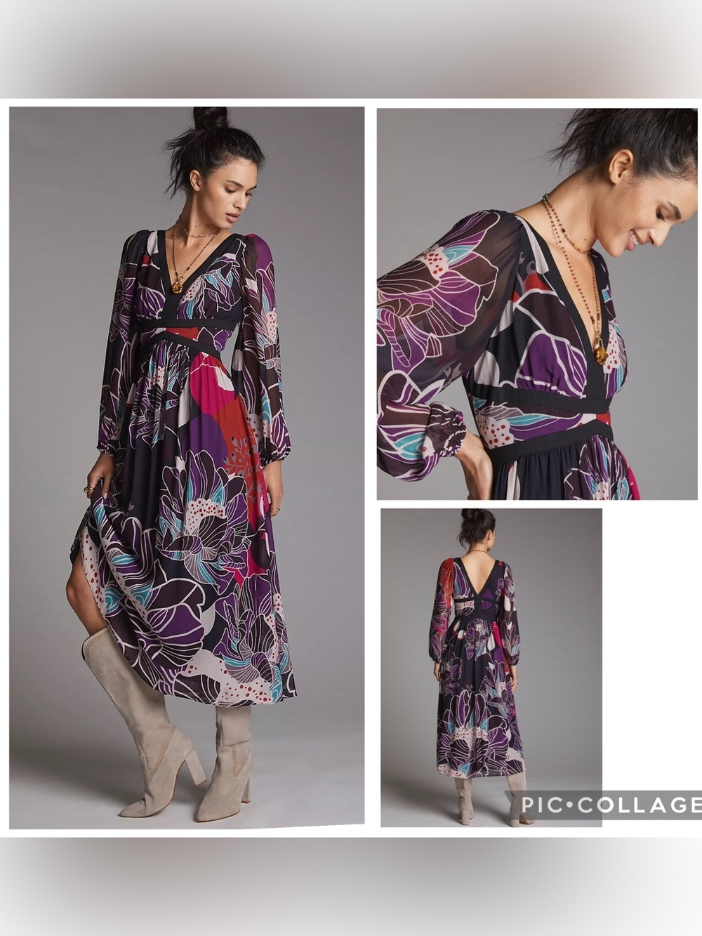 Anthropologie Let Me Be Floral V-Neck Midi Dress Black Mult Boho Size Small